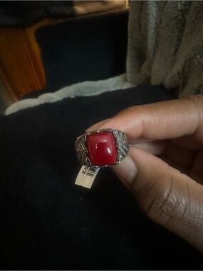 Silver Ring with Square Red Stone